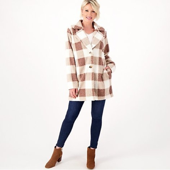 NWOT Joan Rivers Regular Buffalo Check Sherpa Teddy Coat in Taupe - large​​ - Picture 1 of 8